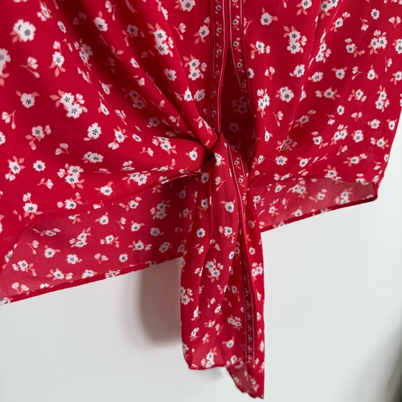 Max Studio Red Floral Tie Waist Angel Sleeve Kimono Style Blouse Size Large - Picture 5 of 11